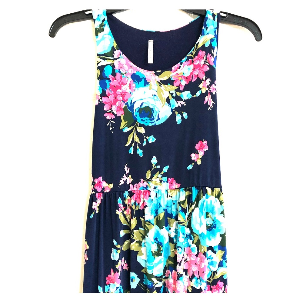 Blue Floral Racerback Maxi Dress with Pockets!